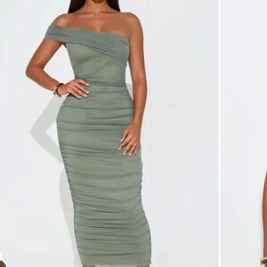Fashion Nova Elegant Olive Green Ruched Maxi Dress Sz 1X Women